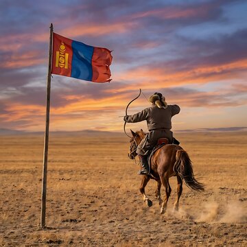 Mongolian horse archer riding across the steppe at sunset