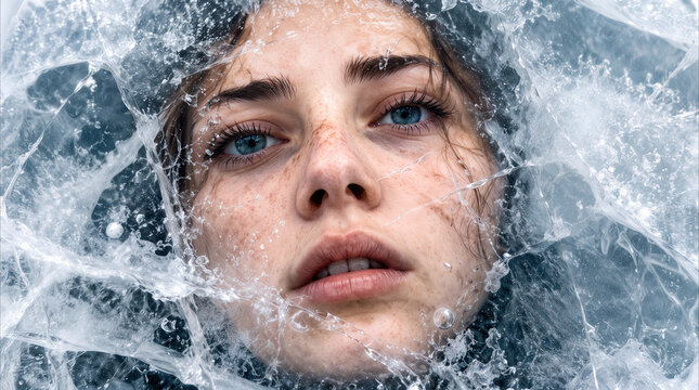 Portrait of young woman trapped beneath cracked ice surface with bubbles and water splash details.