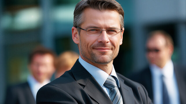 Executive standing confidently outdoors before glass office building with blurred colleagues. Business leadership and corporate career success concept.