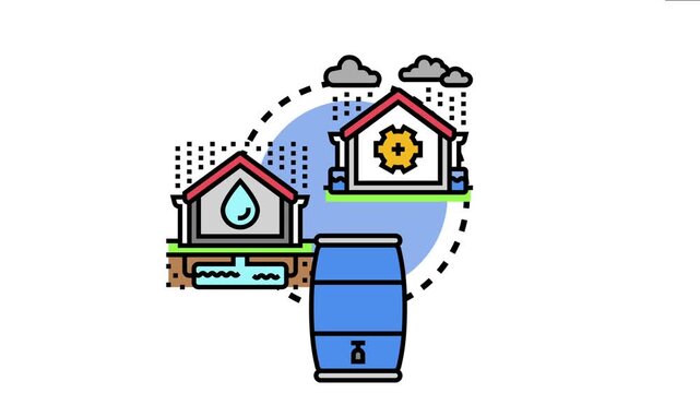 Rainwater harvesting system concept collecting water from a house roof, storing it in a barrel or underground tank, and symbolizing efficient water management and ecological resource conservation