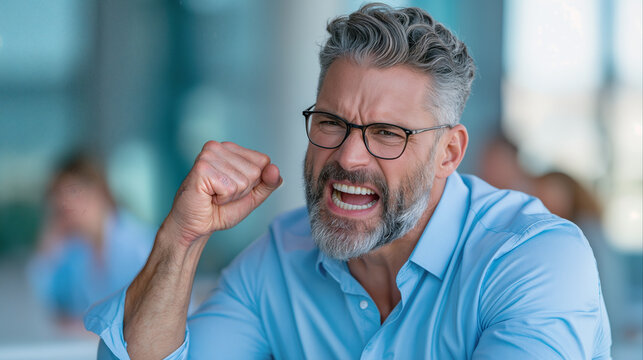 Furious mature businessman screaming with raised clenched fist in modern office space. Workplace anger, conflict, and burnout concept.