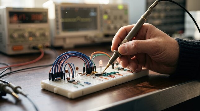 Engineer testing electronic circuit prototype with oscilloscope probe on breadboard. Hardware development and component measurement close up