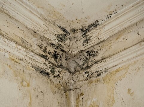 Black mold growth and water damage on cracked peeling ceiling crown molding in a damp home interior corner.