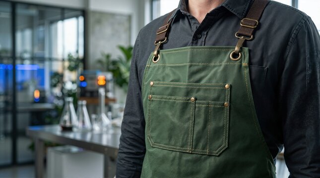 Midsection of person wearing green canvas apron in laboratory workshop. Professional maker uniform