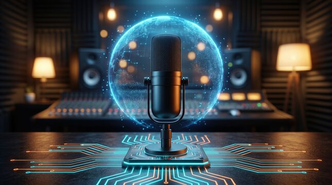 Microphone in recording studio with glowing digital globe and circuit board. Modern podcast and global audio broadcasting technology concept representing worldwide communication and digital.