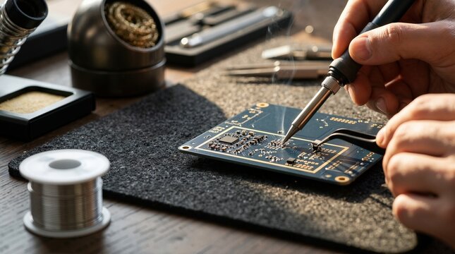 Technician Soldering Electronic Circuit Board on Work Mat. Close Up of Solder Wire and Iron Tip on PCB Assembly. Electronics Repair