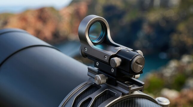 Red dot finder scope mounted on astronomical telescope. Optical reflex sight accessory for stargazing