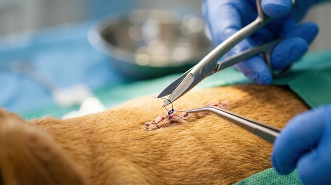 Veterinary surgeon cutting suture threads on dog skin close up. Pet surgery and veterinary wound closure procedure