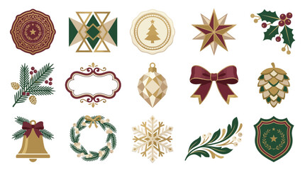 Vintage Christmas Vector Set, Festive Holiday Ornaments and Badges, Retro Decorative Frame Kit for Graphic Design isolated on White Background chrismas eps greetings © Hasina
