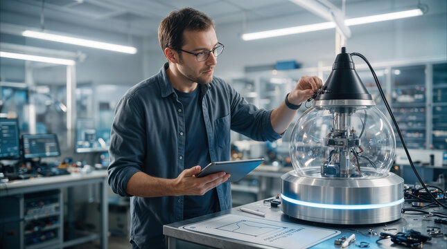 Developer testing advanced robotics hardware with tablet inside modern research facility. AI generated technology concept.