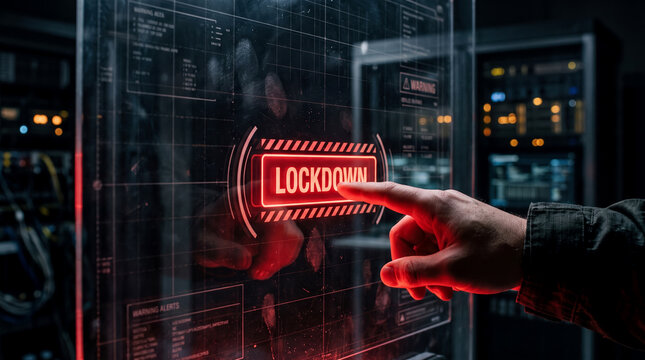 Human hand activating red lockdown button on advanced futuristic touch screen in a secure data