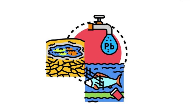 Water misuse resulting in drought and pollution, impacting aquatic ecosystems, showing a faucet dripping lead - pb - contaminated water directly affecting natural environments