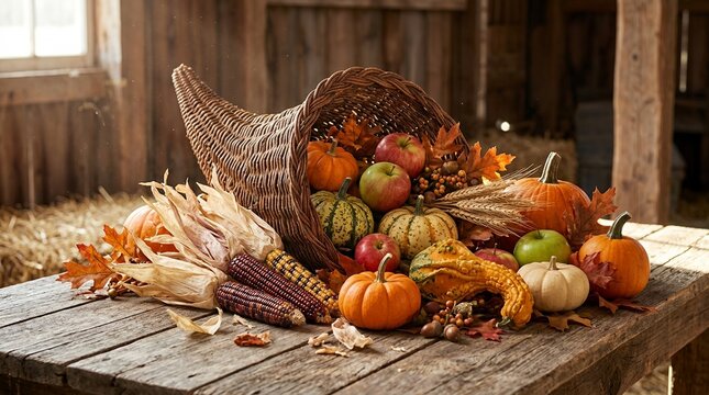Abundant Cornucopia Filled With Autumn Harvest Fruits Vegetables And Gourds.