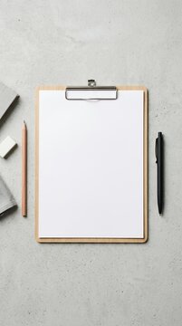 Blank Clipboard with Pen and Pencil on Gray Background.
