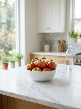 Bowl of fresh apples on a marble kitchen countertop near a window.