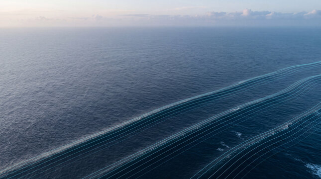 Rolling Ocean Swells with Digital Flow Lines, Aerial View of Blue Sea