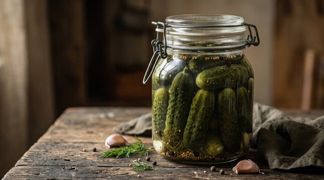 Glass jar of homemade pickled cucumbers with spices on a wooden table. Traditional fermented food for healthy eating, rustic kitchen lifestyle, and organic culinary preservation.