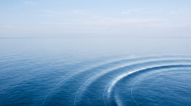 Calm Blue Ocean with Glowing Cyan Wavefront Arcs and Digital Overlay