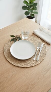 Minimalist Table Setting with White Plate and Cutlery on Wooden Table.