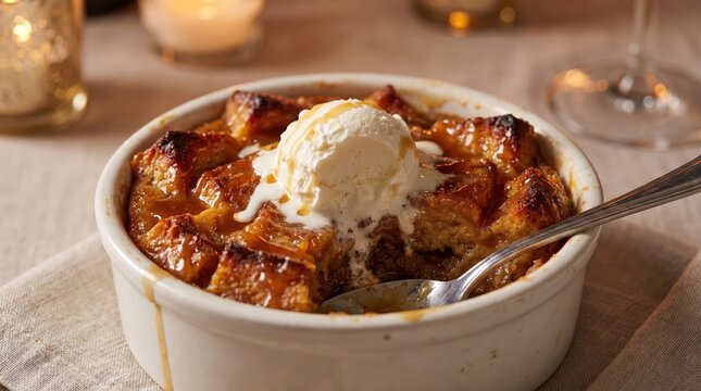 Warm bread pudding with vanilla ice cream and caramel sauce in a bowl. Delicious homemade dessert for cozy restaurant menus, comfort food blogs, and culinary publishing.