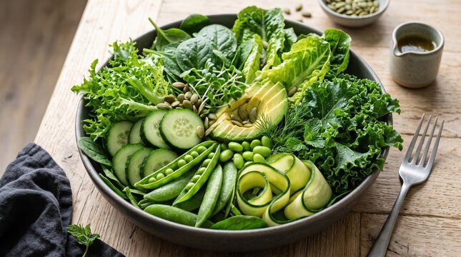 Fresh green salad bowl with avocado cucumber and leafy vegetables. Healthy plantbased meal for clean eating wellness lifestyle and nutritious vegetarian diet inspiration.