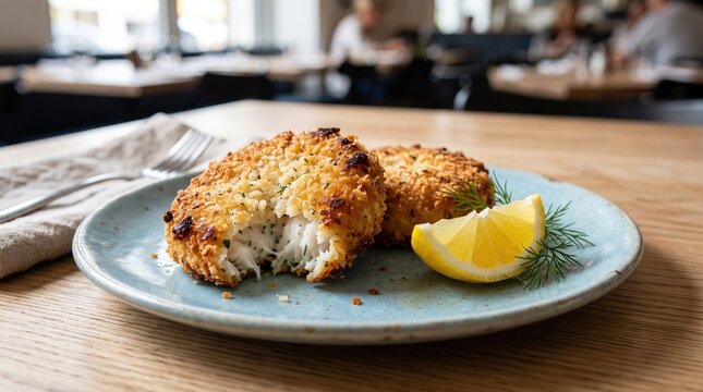 Crispy golden crab cakes served with fresh lemon and dill on a plate. Gourmet seafood dish for culinary menus, restaurant advertising, and upscale dining lifestyle inspiration.