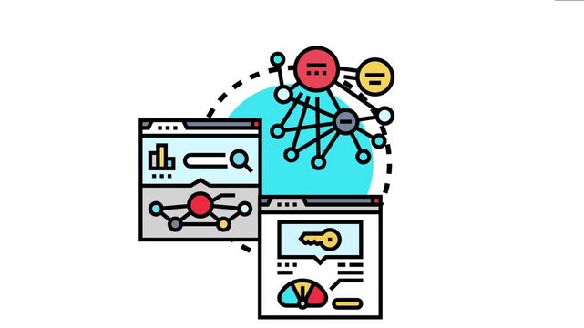 Digital marketing concept showing website pages with analytics, search queries, and keywords leading to a connected network data optimization and achieving top search engine positions