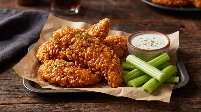 Crispy fried chicken tenders with buffalo sauce, celery sticks, and ranch dressing. Appetizing pub food and casual dining meal for party snacking, sports bar menus, and comfort food.