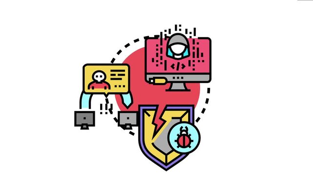 Cybercriminal hacker initiating a ransomware attack, compromising user data and breaking digital defense shield, symbolizing security threat and malware vulnerability