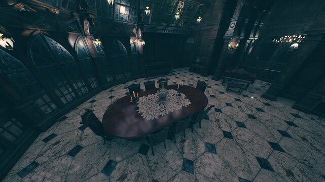 A vast banquet hall features a long wooden table set with shining candles. Opulent chandeliers hang from the ceiling, casting a warm glow over the marbled floors.
