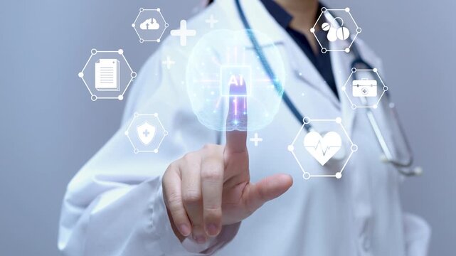 Medical doctor touching artificial intelligence screen interface with glowing digital brain and healthcare icons in clinic