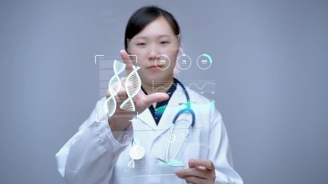 Asian female doctor interacting with holographic dna interface while analyzing genetic medical data