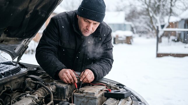 Mechanic checking car battery voltage with multimeter probes under hood in winter snow