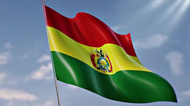 Bolivian Flag Waving in the Wind, Flag of Bolivia Against Blue Sky