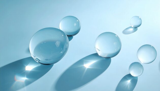 Clear glass spheres with reflections and shadows on smooth light blue surface