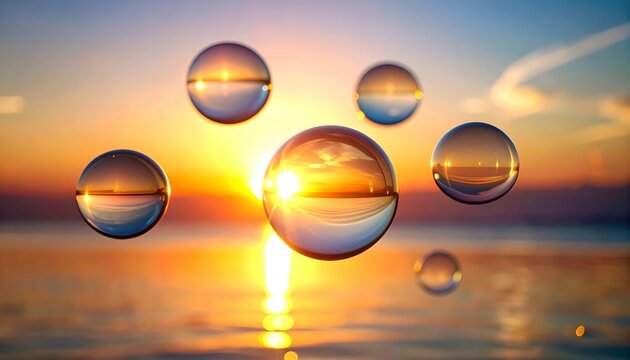 Floating glass spheres reflecting sunset over ocean water during evening