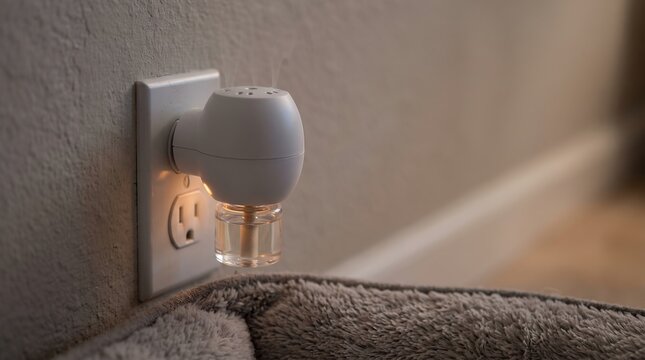 Electric pheromone diffuser plugged into wall outlet near soft pet bed cushion