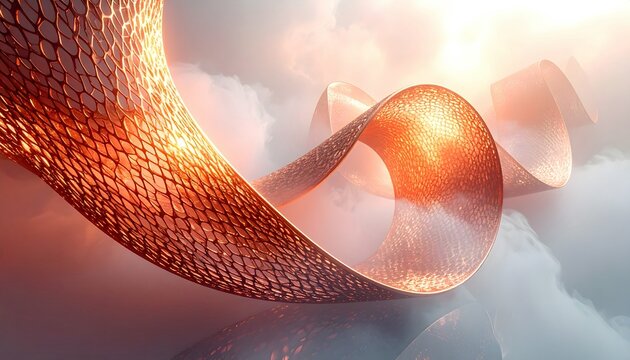 Modern Architectural Structure with Metal Mesh Surface and Reflective Sky Backdrop