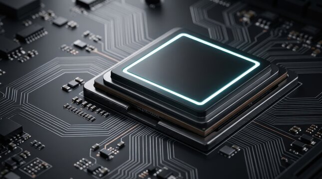 Modern computer processor chip with glowing neon blue outline resting on a dark electronic circuit board.