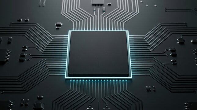 Blank central processing unit with a glowing blue outline on a dark circuit board background.
