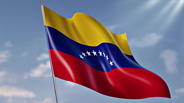 Venezuelan Flag Waving in the Wind, Flag of Venezuela Against Blue Sky