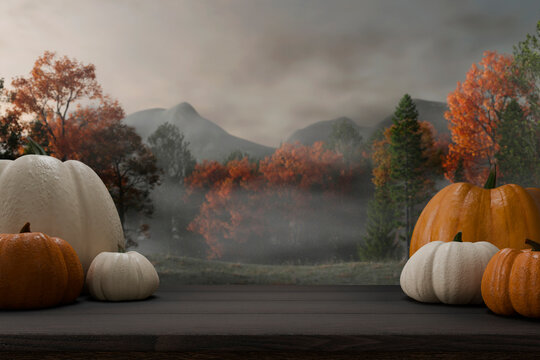Thanksgiving pumpkin table background. Empty wooden table with american autumn forest nature backdrop. Tabletop product placement mockup template. Halloween counter display design.