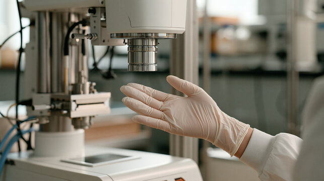 Automated laboratory equipment testing the elasticity of biodegradable medical gloves, medical consumables, polymer characterization, healthcare safety, biodegradable materials,