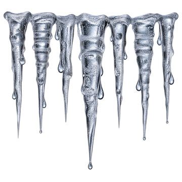 Row of frozen icicles hanging vertically, clear ice with water droplets, isolated on transparent background. Winter frost, cold weather, nature elements.