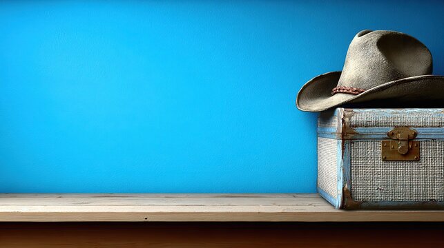 Minimal straw hat on woven box with blue wall and wooden table in beige raffia for summer accessory product display