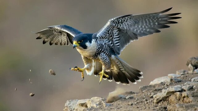 Peregrine falcon spreads its wings and lifts off from a rocky ledge in daylight