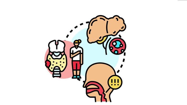 Graphic exploring various rare disease conditions, involving different organs like the brain, thyroid, and showing generic bodily symptoms and cellular abnormalities