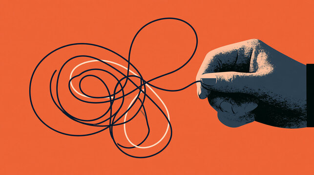 A human hand holds a tangled thread against a flat orange background. This illustration represents the concept of problem solving and complex mental challenges.