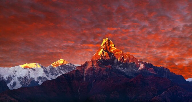 mount Annapurna Himal and mount Machapuchare sunset view