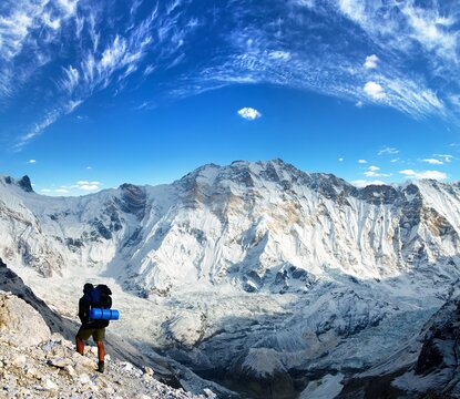 Mount Annapurna peak with hiker Nepal Himalaya mountain